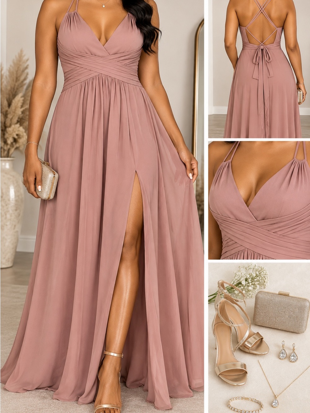 Azazie Dusty Rose Pink Strappy V-Neck Gown